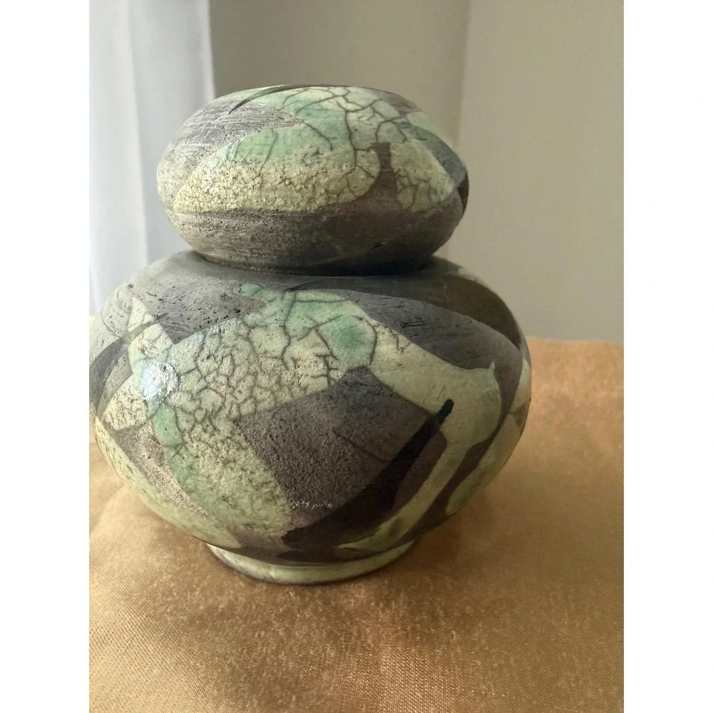 Lynn Dee Studio Pottery Raku Lidded Jar Green Grey Abstract Leaf Signed Art Ware